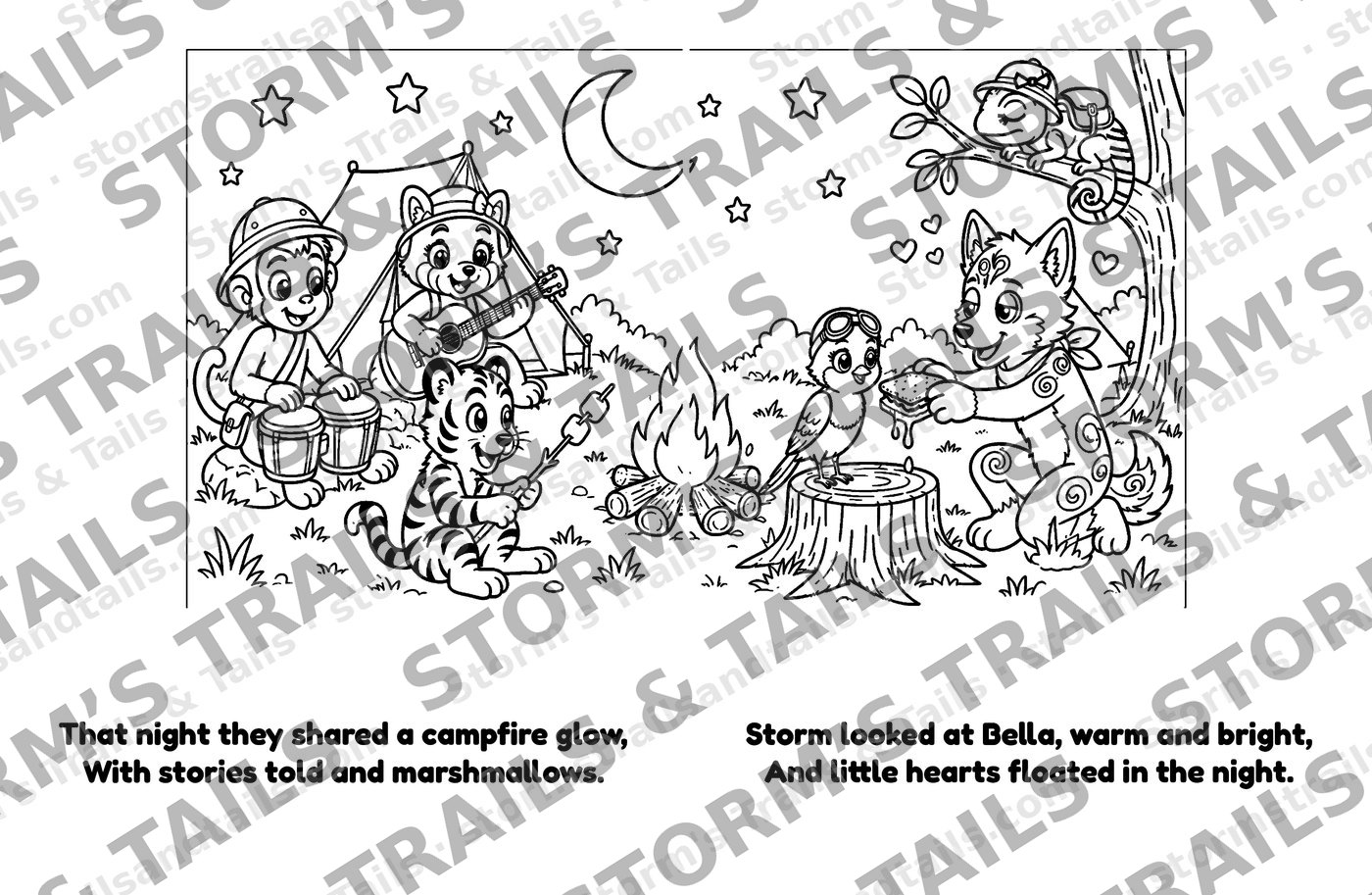 The two-page campfire centerpiece coloring spread from Book 1