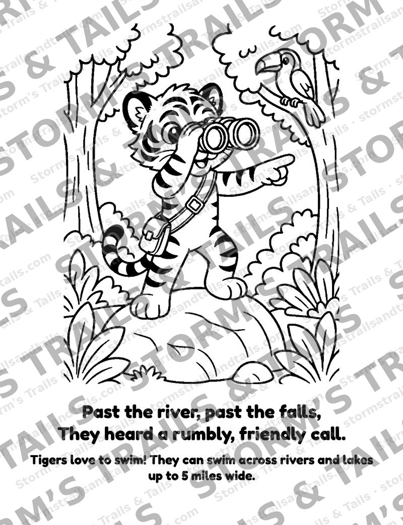 A real black-and-white coloring page from inside Book 1: Sunny the tiger